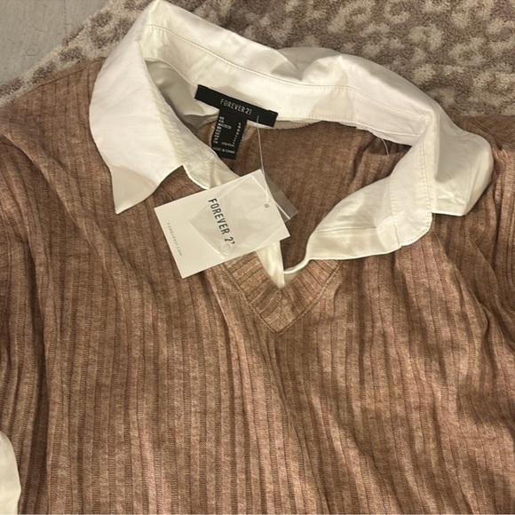 Forever 21 Brown Ribbed Knit Sweater with White Collar - Picture 2 of 5